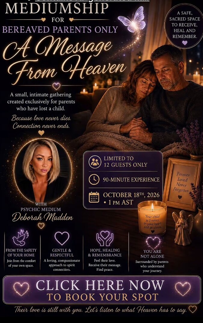 A Message From Heaven group mediumship event poster for bereaved parents. Tap to book.